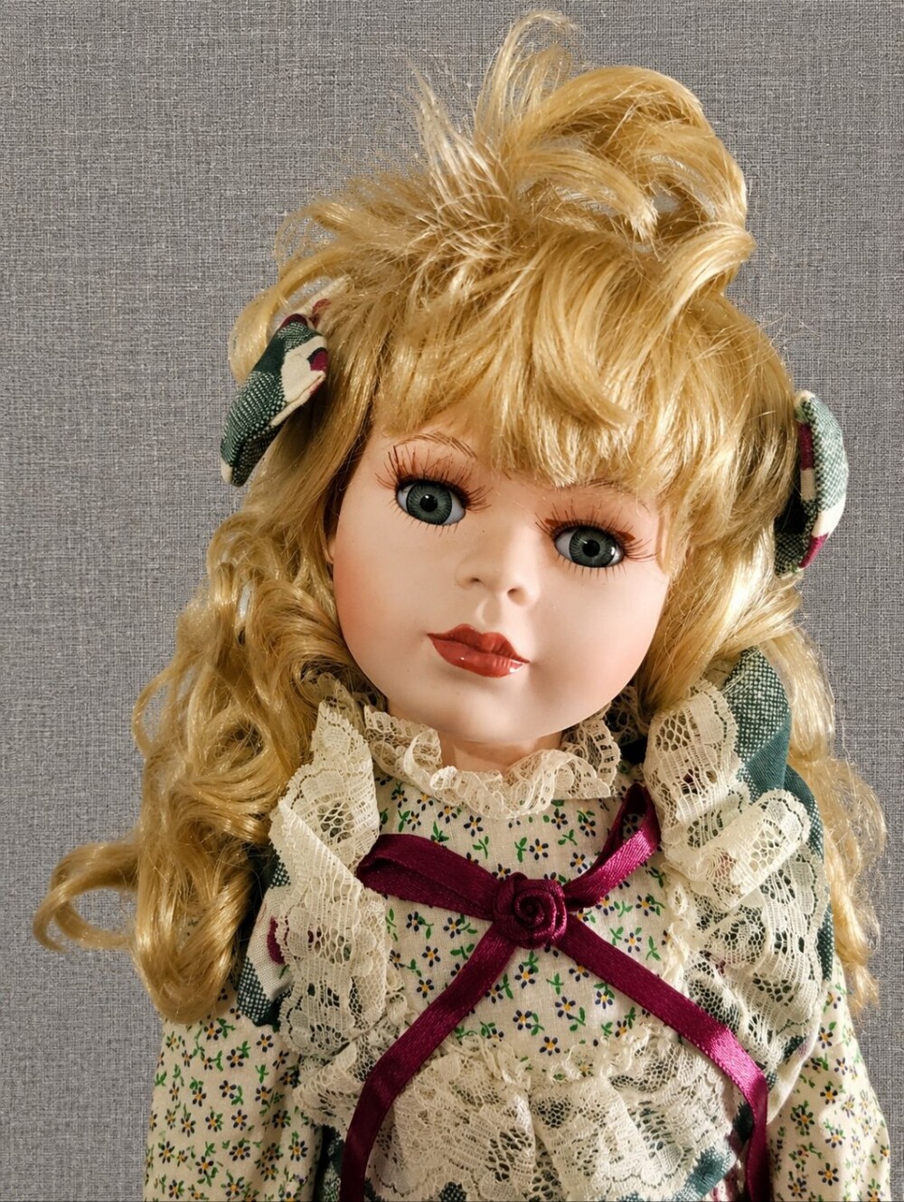 Porcelain Collector Doll in Blonde with Green and Cream Dress